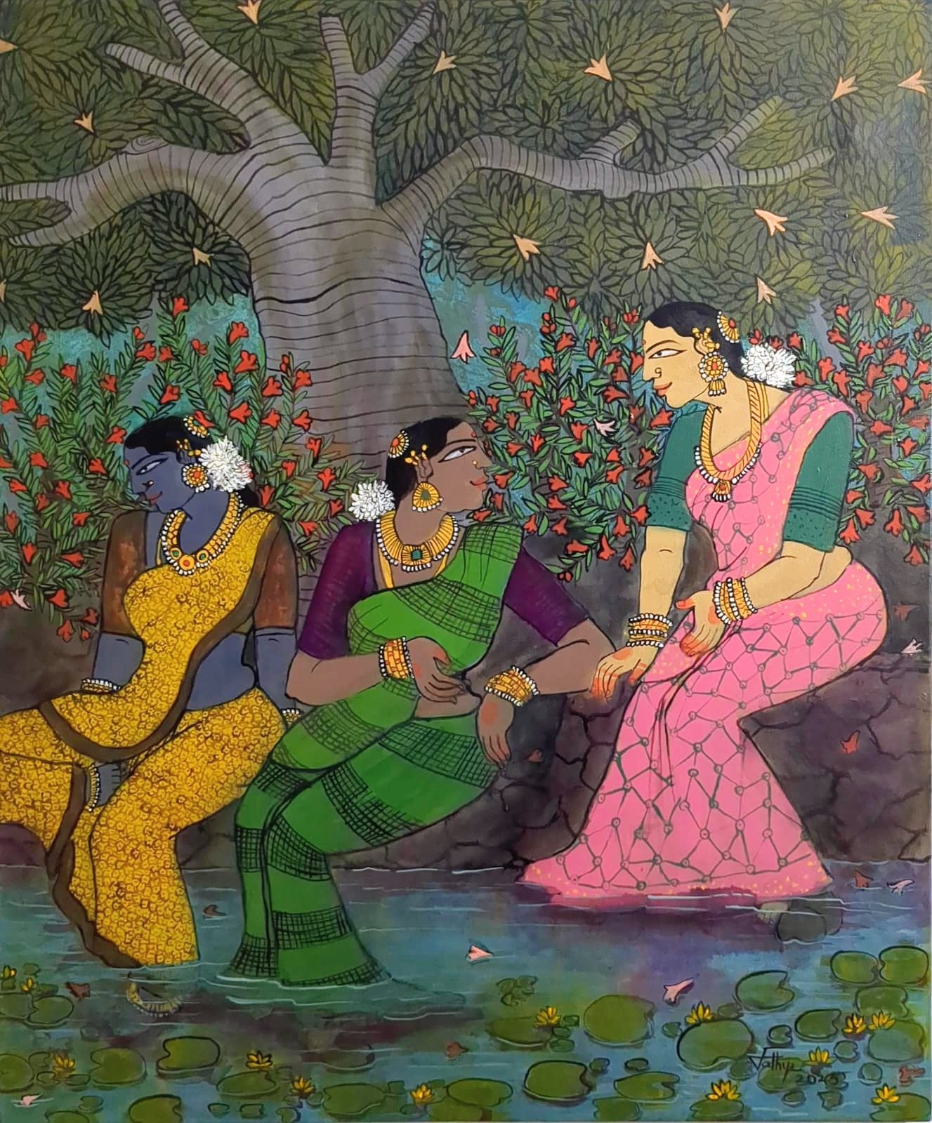 Near the Pond, acrylic on canvas, 30x36 inches — original artwork by Sathya N Prabhu