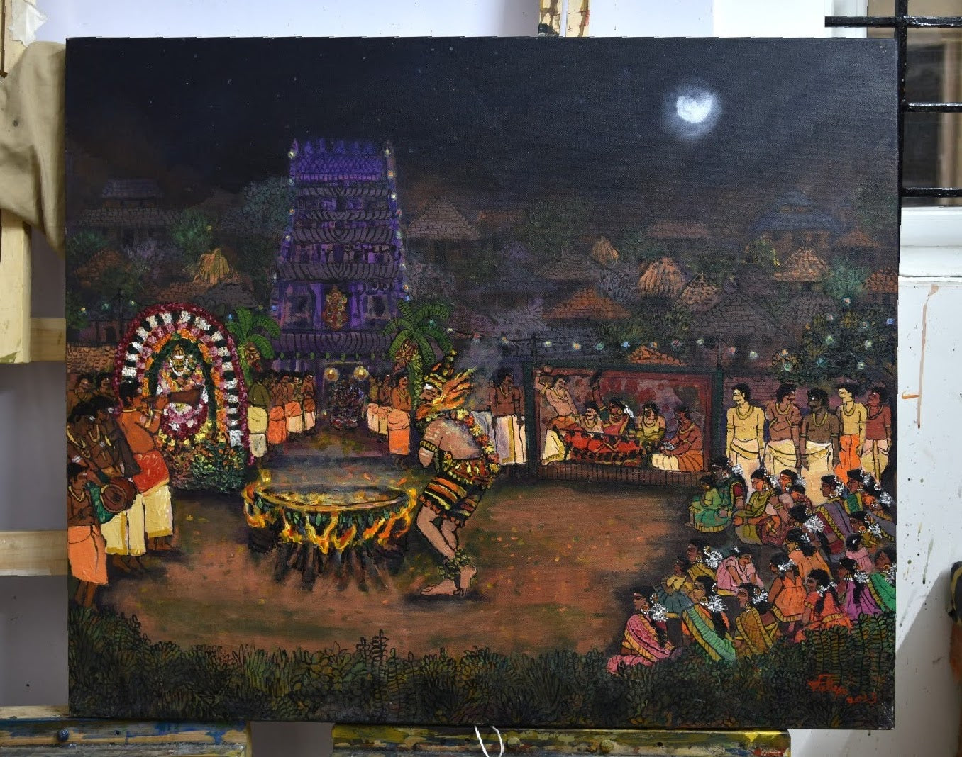 Painting of a traditional ceremony with people and a temple-like structure.