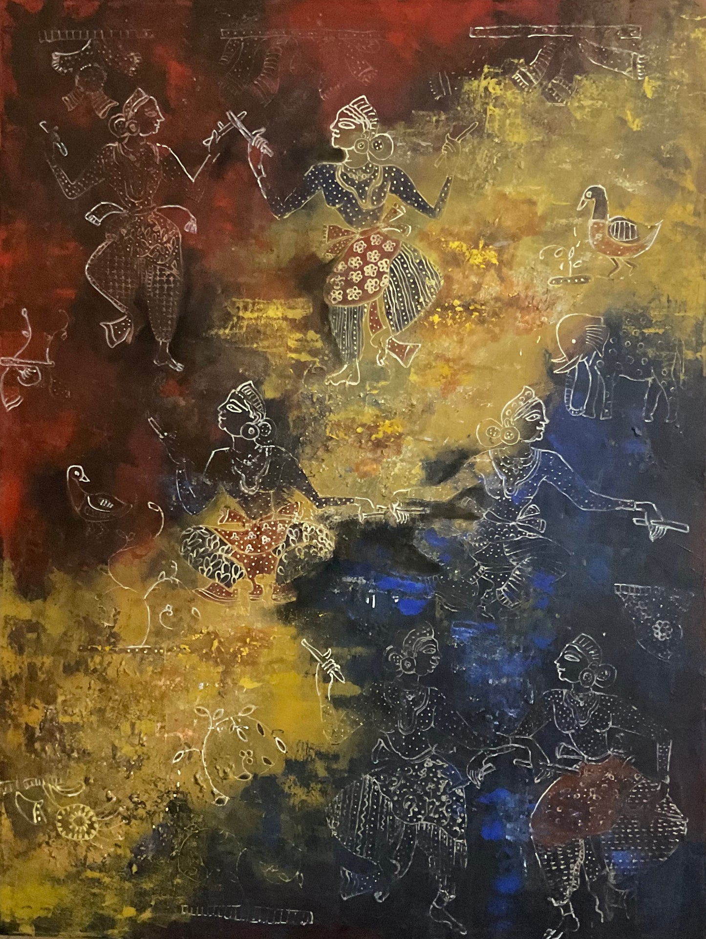 Dance in Textile, abstract acrylic on canvas, 36x48 inches — original artwork by Sathya N Prabhu