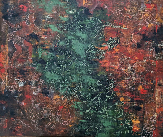 India to Indonesia, abstract acrylic on canvas, 36x30 inches — original artwork by Sathya N Prabhu