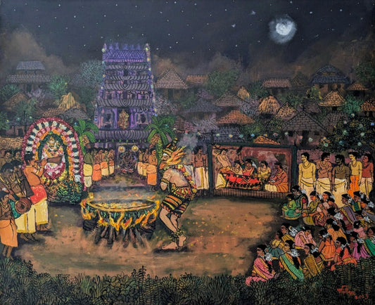 Amman Temple Festival, acrylic on canvas, 36x30 inches — original South Indian devotional artwork by Sathya N Prabhu