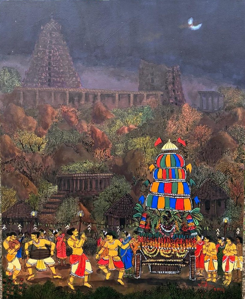 Hampi Car Festival, acrylic on canvas, 24x30 inches — original South Indian cultural artwork by Sathya N Prabhu