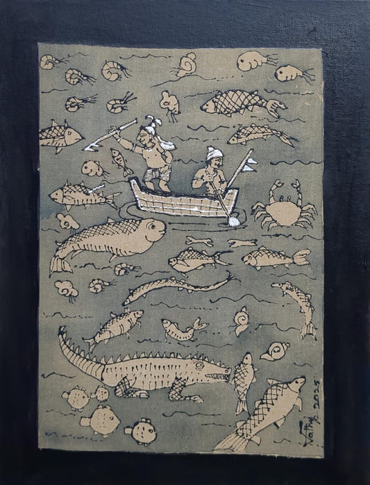 Fishing 1, mixed media on canvas, 12x16 inches — original artwork by Sathya N Prabhu