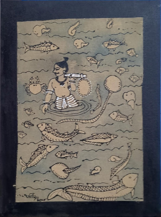 Fishing 2, mixed media on canvas, 12x16 inches — original artwork by Sathya N Prabhu