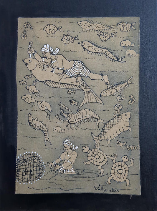 Fishing 3, mixed media on canvas, 12x16 inches — original artwork by Sathya N Prabhu