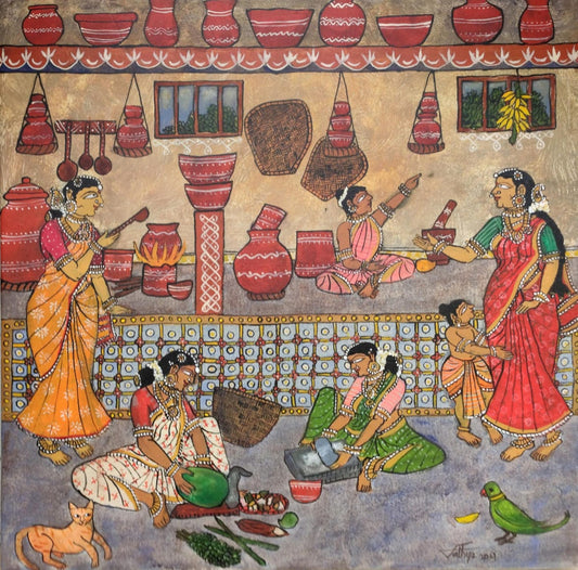 In the Kitchen, acrylic on canvas, 24x24 inches — original artwork by Sathya N Prabhu