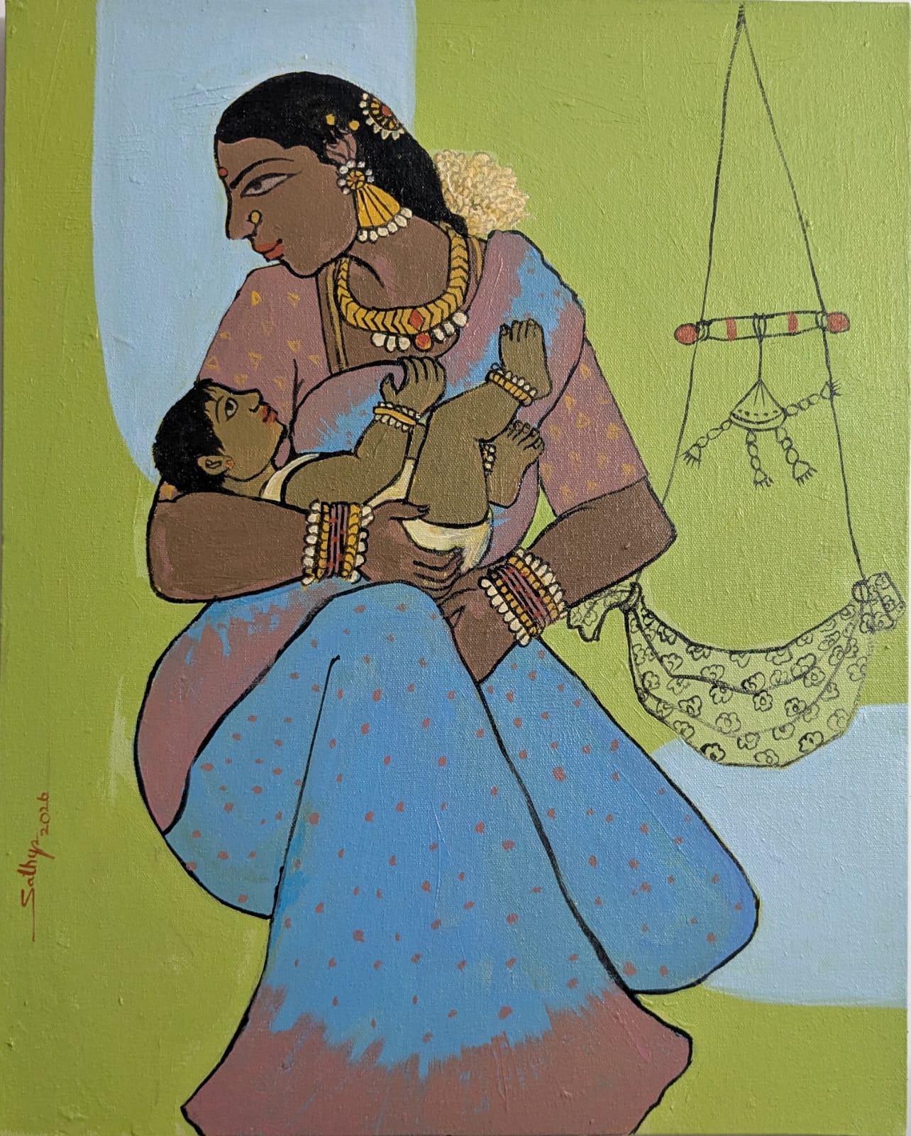 Mother and Child 2, acrylic on canvas, 16x20 inches — original artwork by Sathya N Prabhu