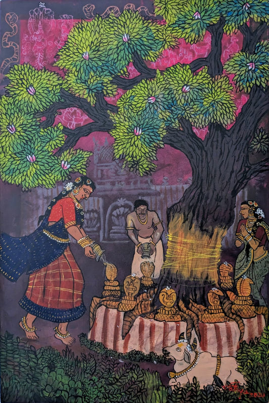 Nagaraja, an Ancient Sacred Deity, acrylic on canvas, 24x36 inches — original South Indian mythological artwork by Sathya N Prabhu