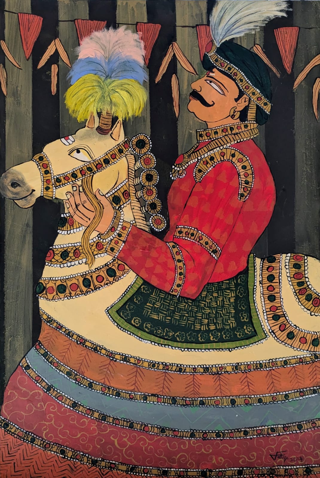 Poikal Kuthirai, acrylic on canvas, 24x36 inches — original South Indian folk art by Sathya N Prabhu