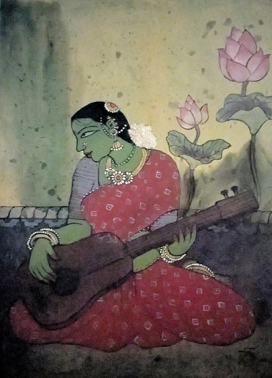 Woman and Music 3, acrylic on canvas, 24x30 inches — original artwork by Sathya N Prabhu