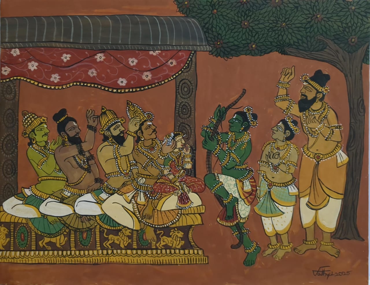 Breaking the Bow, tempera on canvas, 14x18 inches — original mythological artwork by Sathya N Prabhu
