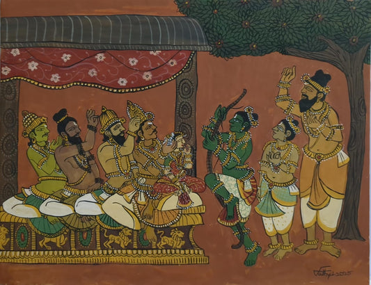 Breaking the Bow, tempera on canvas, 14x18 inches — original mythological artwork by Sathya N Prabhu
