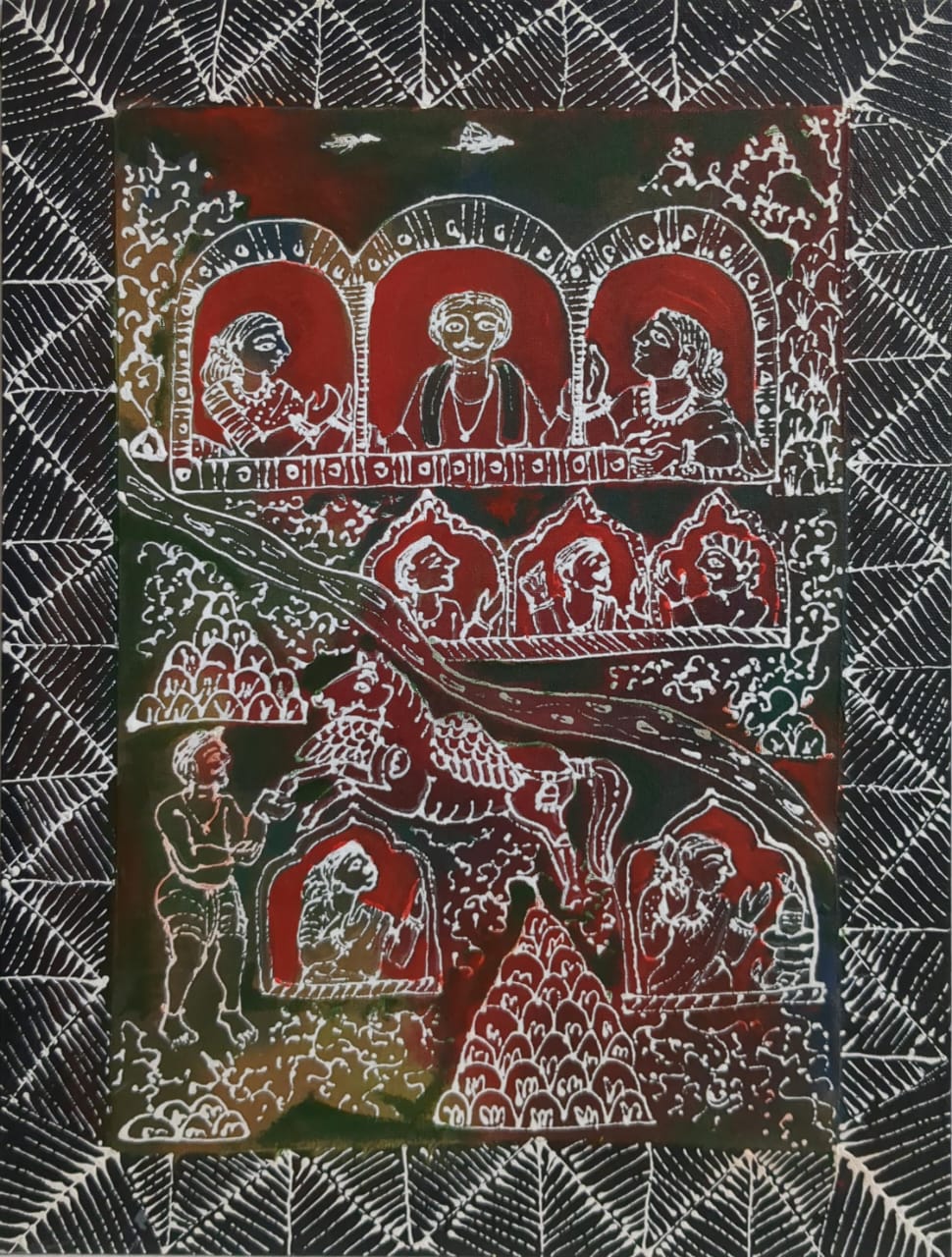 Village, mixed media on canvas, 12x16 inches — original artwork by Sathya N Prabhu