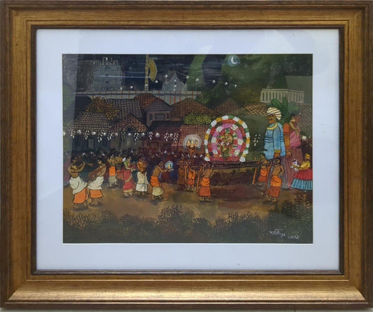 Temple Car Festival, tempera on canvas, 18x14 inches — original South Indian cultural artwork by Sathya N Prabhu