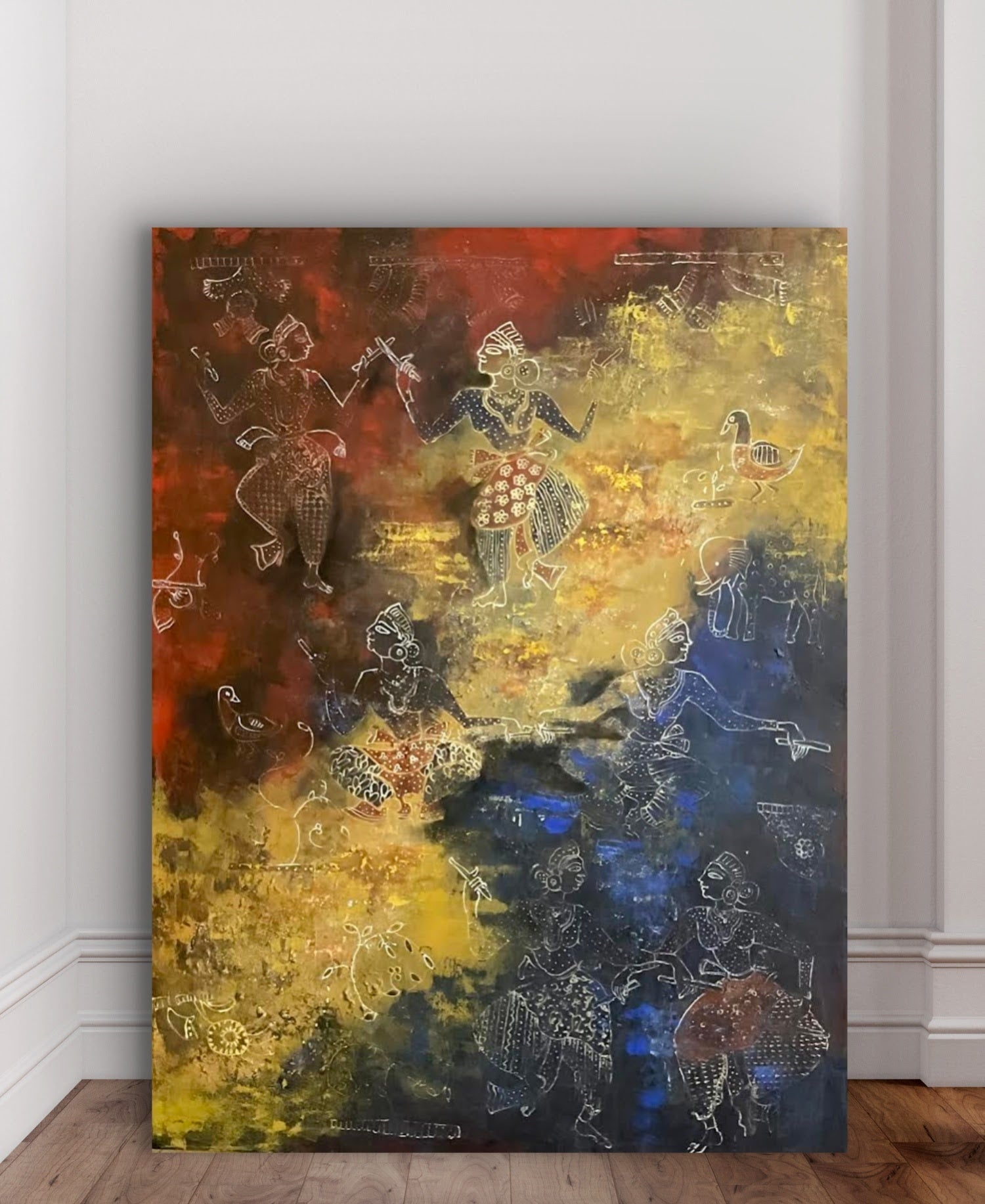 A curated collection of vibrant, expressive abstract paintings on canvas celebrating South Asian cultural heritage by Indian artist Sathya N Prabhu.