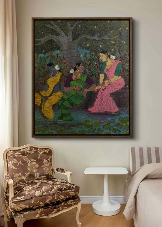 Near the Pond, acrylic on canvas, 30x36 inches — original artwork by Sathya N Prabhu