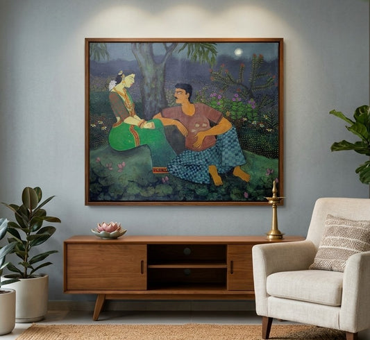 Living room with a painting of two people on a wall above a wooden cabinet.