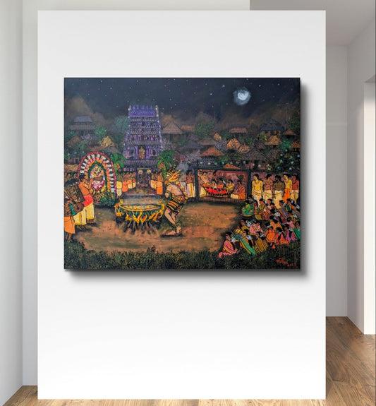 Painting of a traditional scene with people and a temple on a white wall.