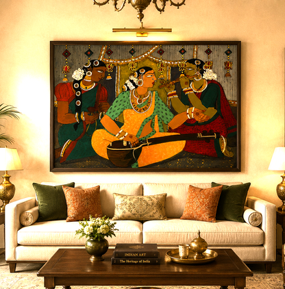 She Sings, acrylic on canvas, 48x36 inches — original figurative artwork by Sathya N Prabhu