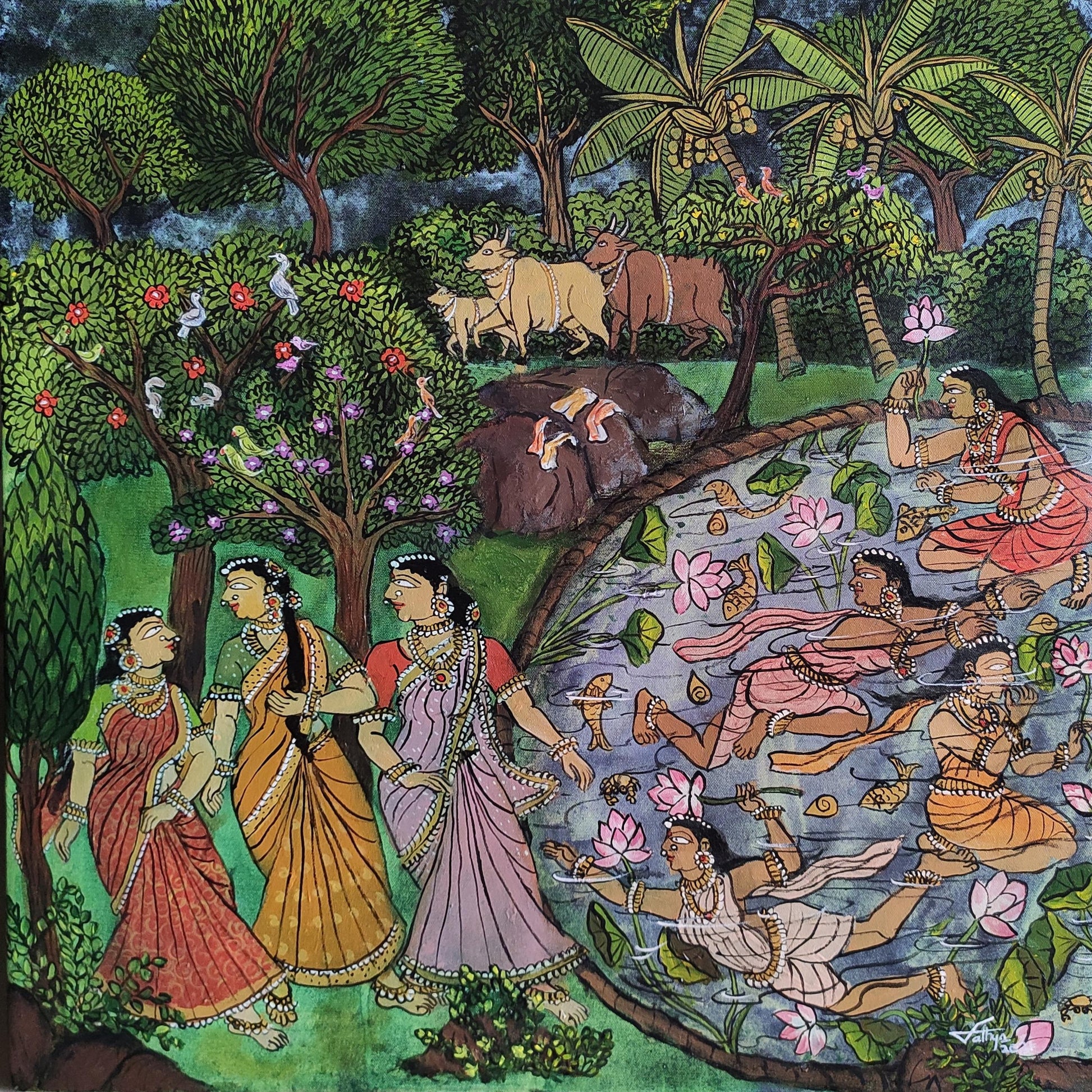 On the Way to Bath, acrylic on canvas, 24x24 inches — original artwork by Sathya N Prabhu