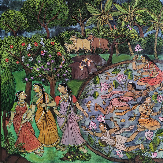 On the Way to Bath, acrylic on canvas, 24x24 inches — original artwork by Sathya N Prabhu