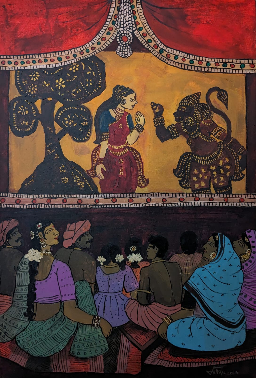 Paavai Koothu Shadow Puppet Show, acrylic on canvas, 24x36 inches — original South Indian cultural artwork by Sathya N Prabhu