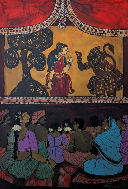 Paavai Koothu Shadow Puppet Show, acrylic on canvas, 24x36 inches — original South Indian cultural artwork by Sathya N Prabhu