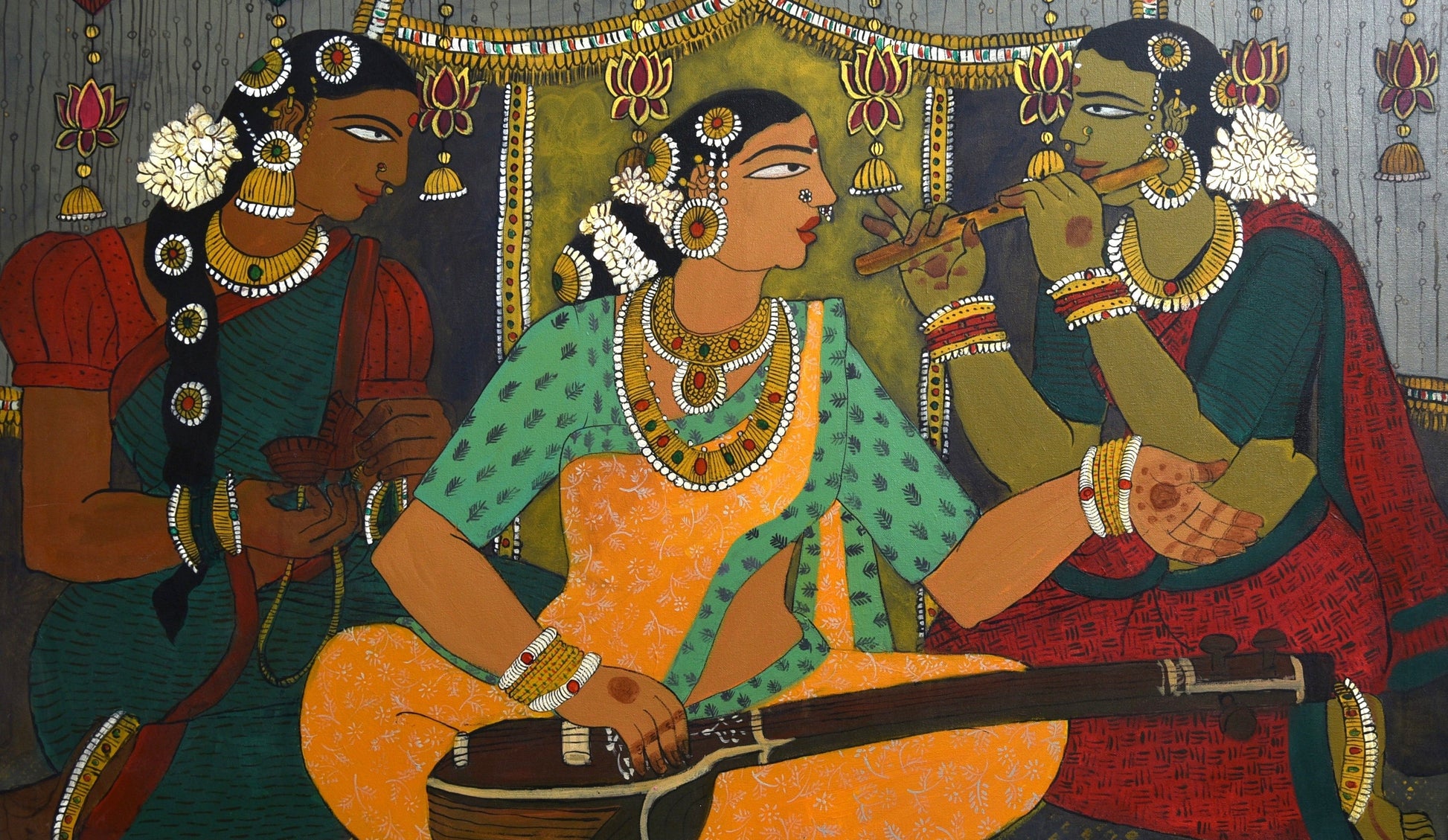 She Sings, acrylic on canvas, 48x36 inches — original figurative artwork by Sathya N Prabhu