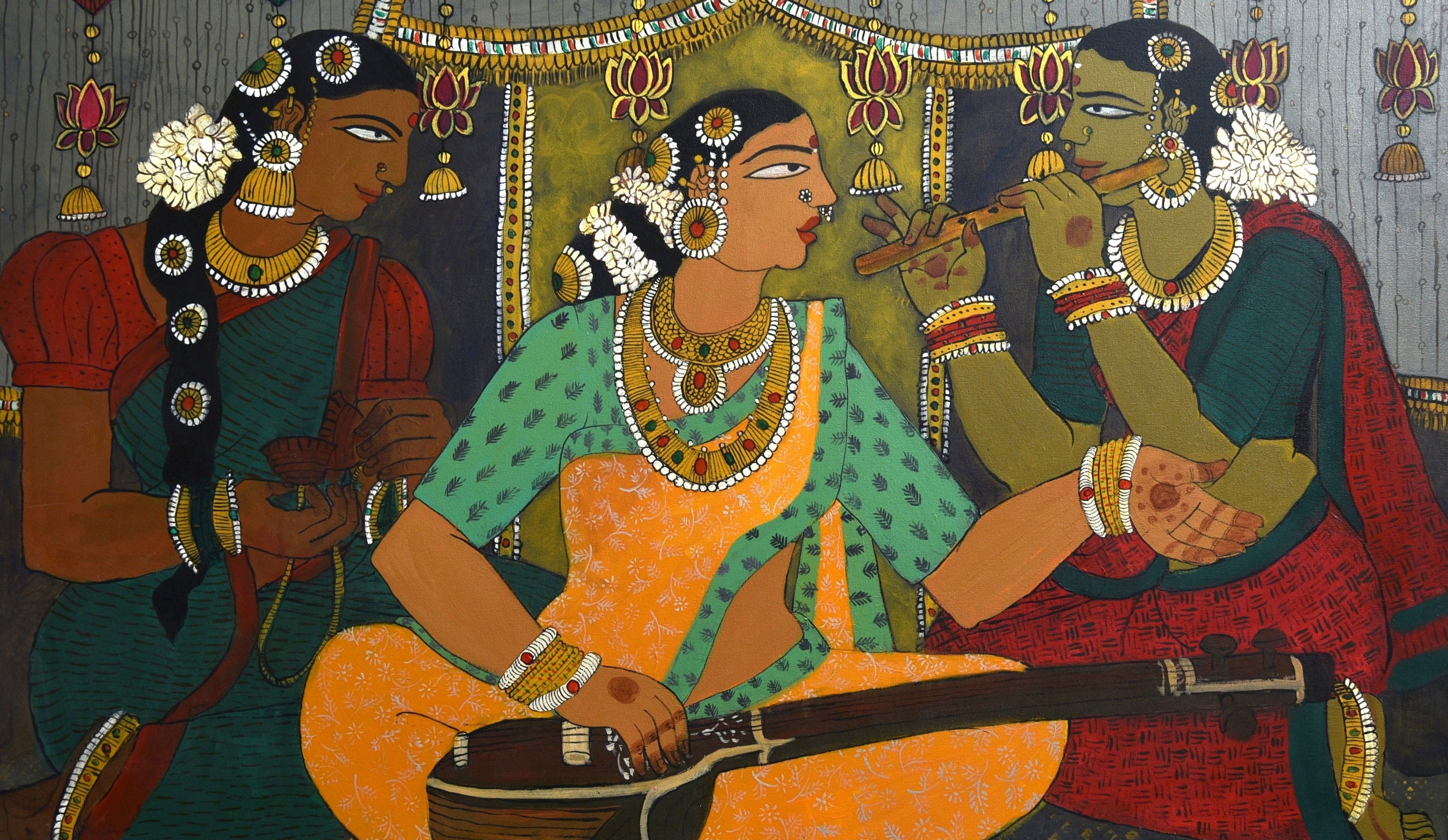 She Sings, acrylic on canvas, 48x36 inches — original figurative artwork by Sathya N Prabhu