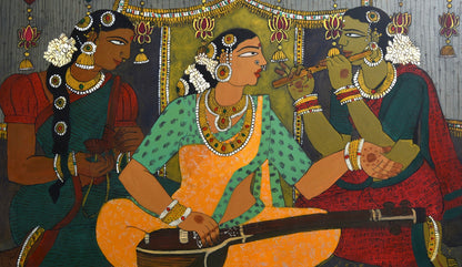 She Sings, acrylic on canvas, 48x36 inches — original figurative artwork by Sathya N Prabhu