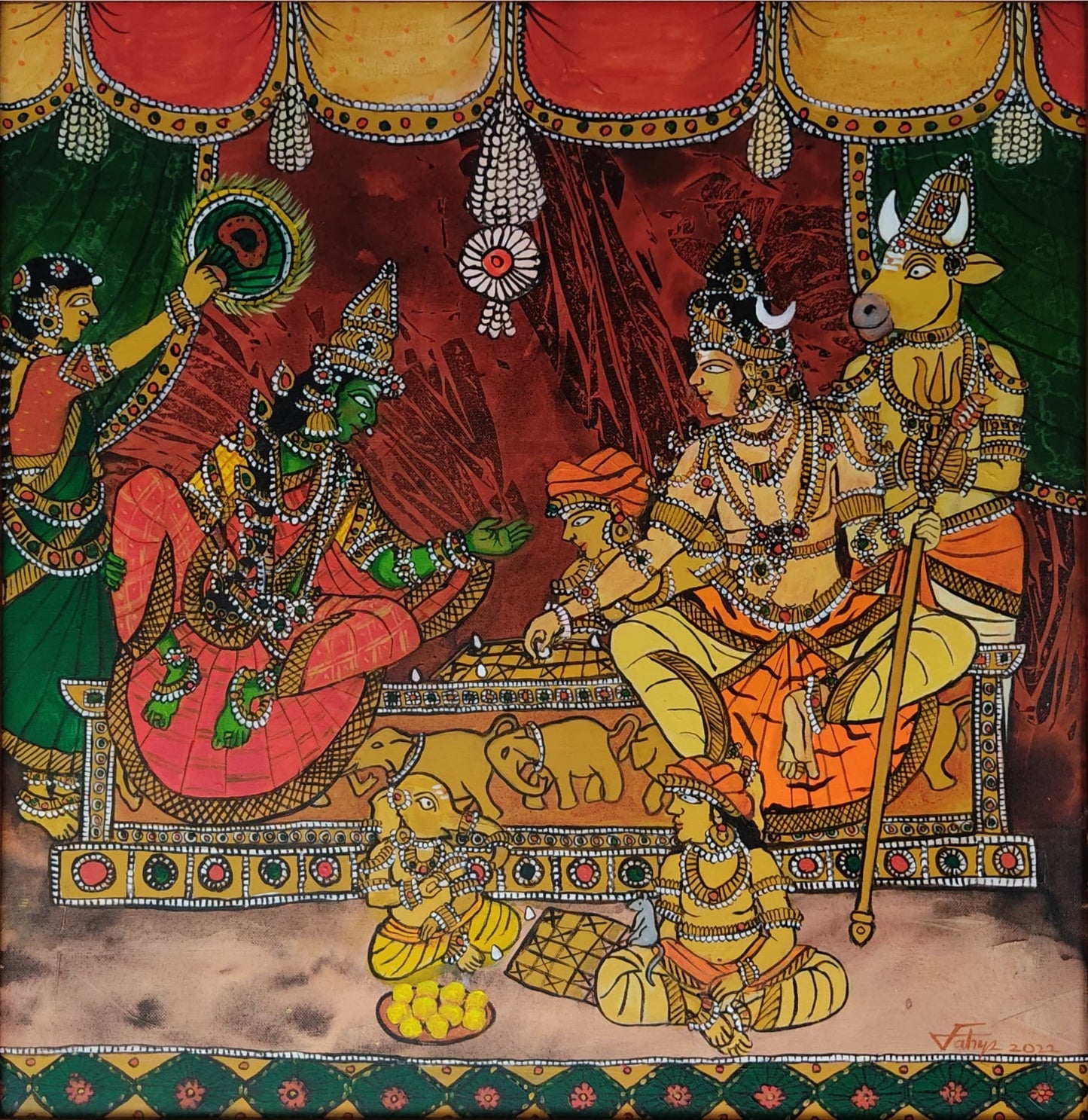 Shiva and Parvathy playing dice | 24x24 | Acrylic
