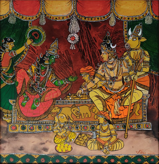 Shiva and Parvathy playing dice | 24x24 | Acrylic